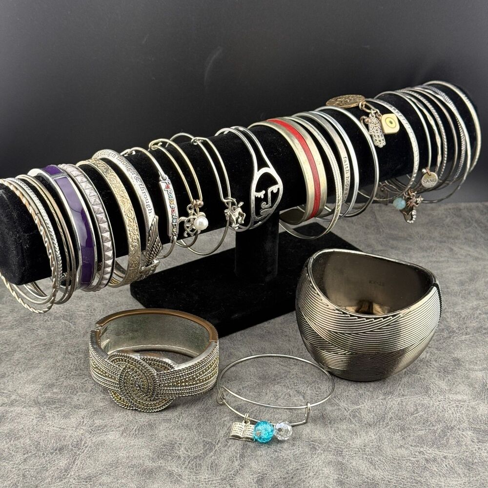 Lot of 30 Silver-tone Bangles Bracelets Charms Costume Assorted Mixed